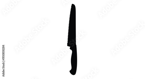 A stark black silhouette of a kitchen bread knife with serrated edge