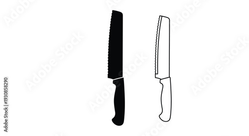 Two kitchen knives one black and one white in profile silhouette