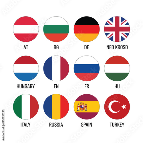 European Country Flags In Circles With Country Codes