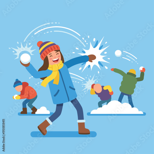 Children Having a Fun Snowball Fight Outdoors.