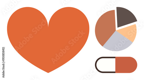 Healthcare, wellness, medical statistics, balanced lifestyle, data visualization, pharmaceutical concepts. Heart, pie chart and a capsule design. Healthcare and wellness