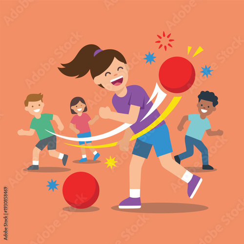Children playing dodgeball in a park with red balls.