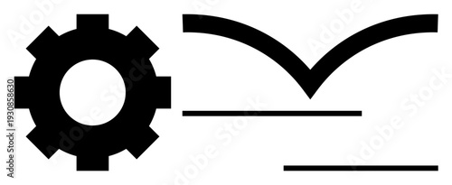 Black gear beside a stylized, open book illustration with underlining bars. Ideal for education, engineering, mechanics, productivity, knowledge systems, innovation workflow. Simple flat metaphor