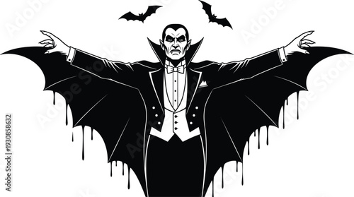 Vampire Dracula Silhouette with Bats Horror Gothic Character Halloween Dark Vector Illustration Spooky Monster Design Element