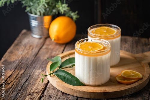 Cuadro en lienzo Homemade dessert panna cotta, mousse or pudding in a portion glass with lemon curd and fresh lemon