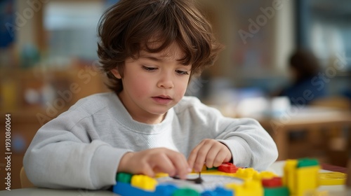 Wallpaper Mural Child learning to tell time by moving clock hands on a colorful educational toy clock in classroom, perfect for cognitive skill development, time learning milestone, early education, modern Torontodigital.ca
