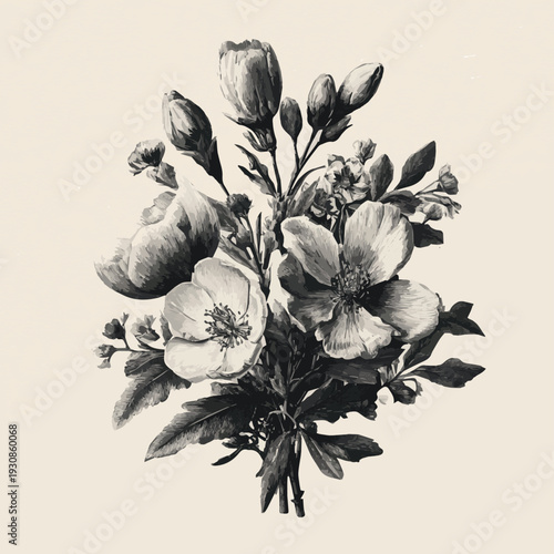 Bouquet of lilies.Create a Vintage engraved wildflower bouquet with multiple blossoms, buds and leaves vector art of white background