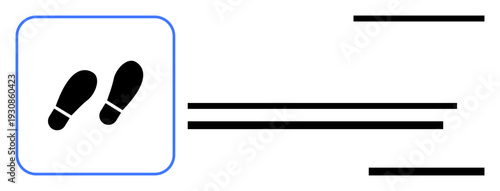 Navigation, maps, guidance, walking paths, outdoor activities, wayfinding. Black footstep icons in a framed box with horizontal lines. Navigation and maps concept through abstract design