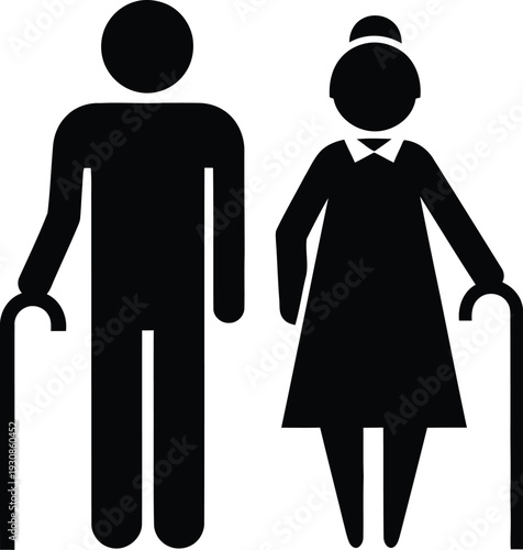 Black silhouette icons depict an elderly man and woman standing upright while leaning on walking canes.