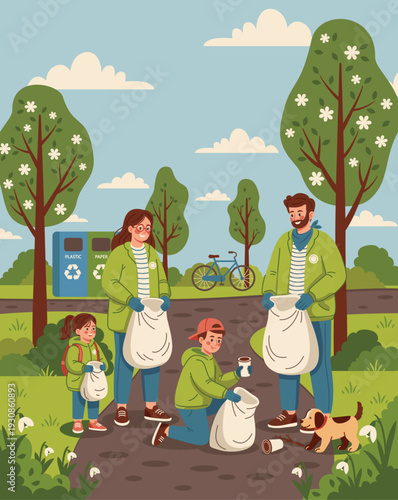 Happy family with children and dog volunteering in spring park, collecting litter and sorting waste, community cleanup day concept