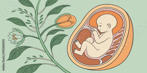 Scientific illustration of embryo development stage inside womb for healthcare education, prenatal biology learning, pregnancy awareness, and anatomy presentation.