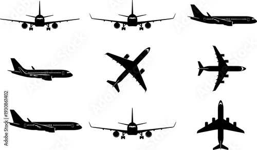 Black Airplane Silhouette Icon Set Featuring Commercial Passenger Jets and Cargo Aircraft From Multiple Perspectives for Aviation Travel Logistics and Global Transportation Industry Design