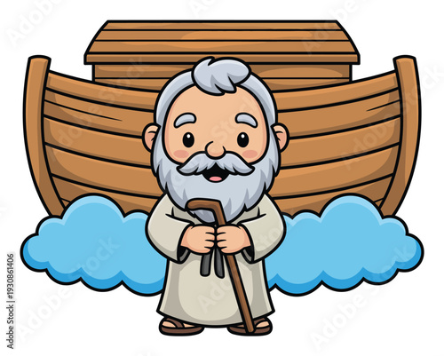 Cartoon Noah with Ark and Clouds