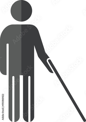 A dark gray stick figure representing a visually impaired person holds a white cane extended forward while standing.