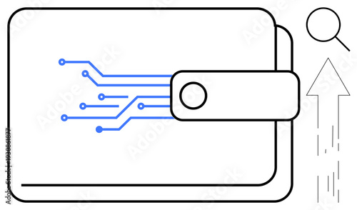 Digital payments, fintech solutions, online transactions, data security, e-commerce, technology. Vector wallet with circuits, arrow and magnifying glass. Digital payments and fintech solutions ion