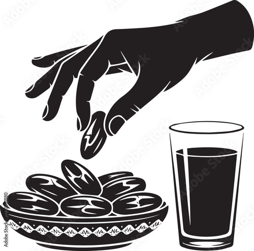 Need Black Silhouette A hand picking up dates fruits from a plate with a glass of juicesarbat, Ramadan, isolated no background