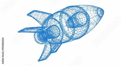 Wireframe blueprint of a retro rocket ship taking off into space, digital art
