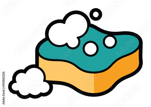 Cartoon Sponge with Bubbles and Soapy Water