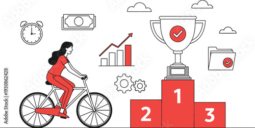 A woman cycles toward a large trophy on a first place podium surrounded by business growth icons like charts, money, and clocks.