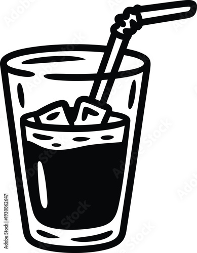 Tall glass contains a dark beverage with ice cubes and a bent plastic straw ready for sipping.