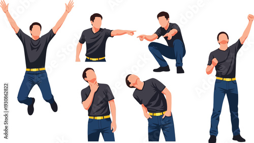 A collection of six poses showing a man in casual attire demonstrating various expressive gestures, pointing, celebrating,.