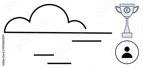 Cloud storage concept. Cloud and data sync symbols highlight cloud computing. User profile and trophy depict digital achievement. Perfect for data technology, teamwork, rewards, digital tools