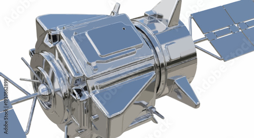 Futuristic metallic satellite in space, high-tech spacecraft with solar panels