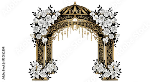 Elegant Golden Wedding Archway with White Floral Decorations.
