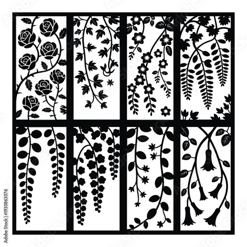 Intricate black and white botanical patterns on a window pane isolated on white background, Vector