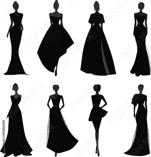Isolated on Ten elegant black dress silhouettes displayed on a white background showcase formal and casual fashion styles vector art with white background