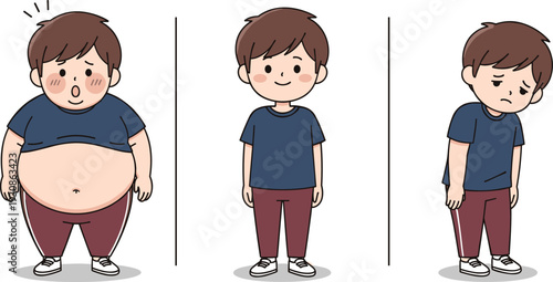Cartoon boy body transformation from overweight to slim and sad posture, child health and weight loss concept illustration for kids fitness educationCartoon 