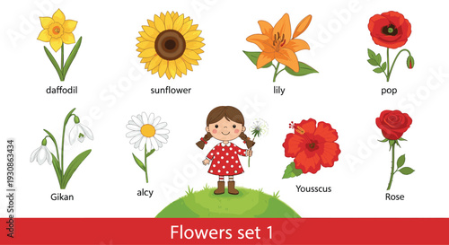 Colorful flowers set with sunflower, lily, poppy, rose, daisy and cute girl illustration, botanical collection for kids education, garden theme and nursery designColorful flowers set with sunflower, 