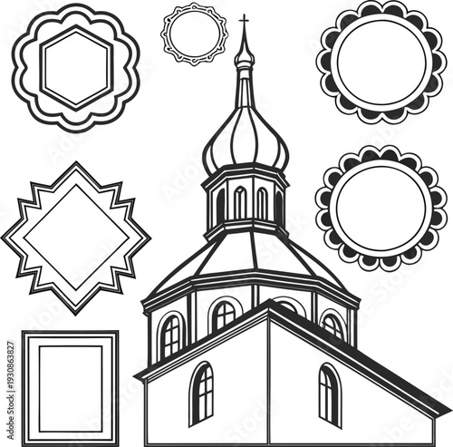 Orthodox Church Illustration with Decorative Frame Elements Set