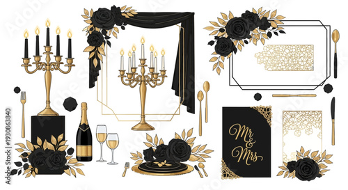 Luxurious black and gold wedding decorations and stationery set.