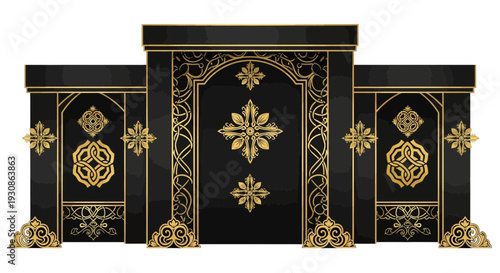 Ornate black and gold decorative wall panels with intricate designs.
