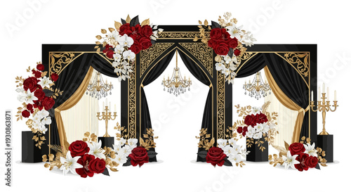 Luxurious wedding backdrop with red and white flowers and gold accents.