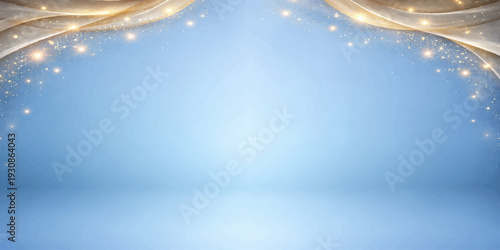 Elegant Abstract Background: A serene and ethereal backdrop, with flowing lines of gold and glimmering particles cascade across a soft blue expanse, lending an aura of sophistication and elegance.