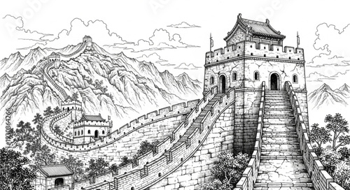 Ancient Chinese Wall Fortification Ink Drawing.