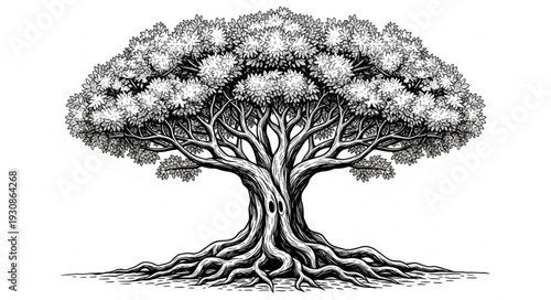 Ancient Oak Tree with Spreading Roots Hand Drawn Illustration.