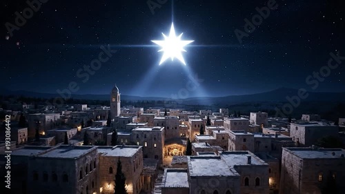A starry night scene of a historic town under a bright star and its light