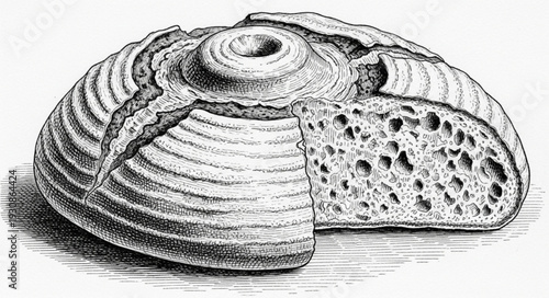 Artistic sketch of a rustic sourdough bread loaf with a hole in the center.
