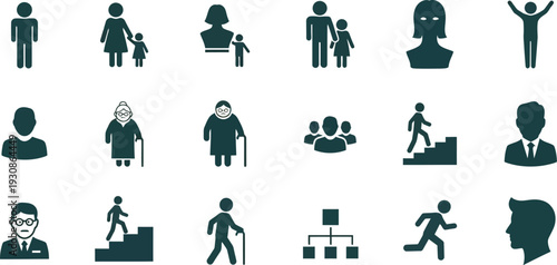 A collection of dark silhouette icons represents diverse human demographics, life stages, and social structure concepts.