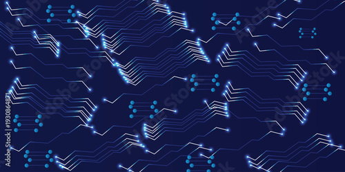 Thin circuit trace lines in blue on a dark technology background. Abstract digital tech bg. Vector illustration Chip connectors.