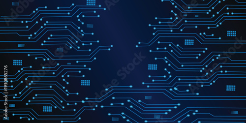 Abstract Technology Background, blue pattern with electric light, microchip, power line,Illustrations Vectors circuit board on a dark technological background.