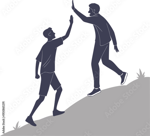 Silhouette of Two Men Giving a High-Five While Climbing a Hill