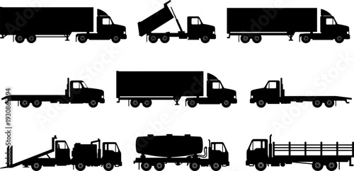 Black Silhouette Heavy Duty Commercial Truck Icon Set Featuring Semi Trailers Dump Trucks Tankers And Flatbed Haulers For Logistics Shipping And Industrial Transportationt