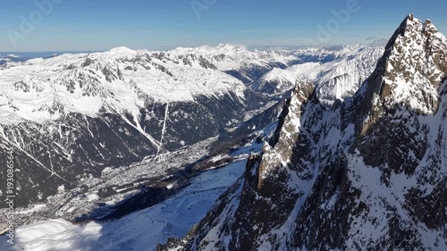 Chamonix France valley panorama with rugged snowy mountains in winter