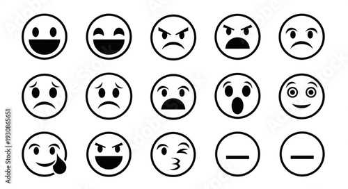 Collection of various black and white emoji faces expressing different emotions.