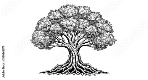 Detailed illustration of a large ancient oak tree with visible roots.