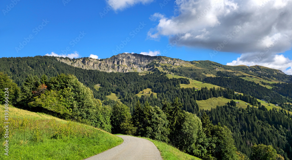 Fototapeta premium Route du Col du Pre winding through French Alps landscape, Beaufort, Savoie, France, Europe.